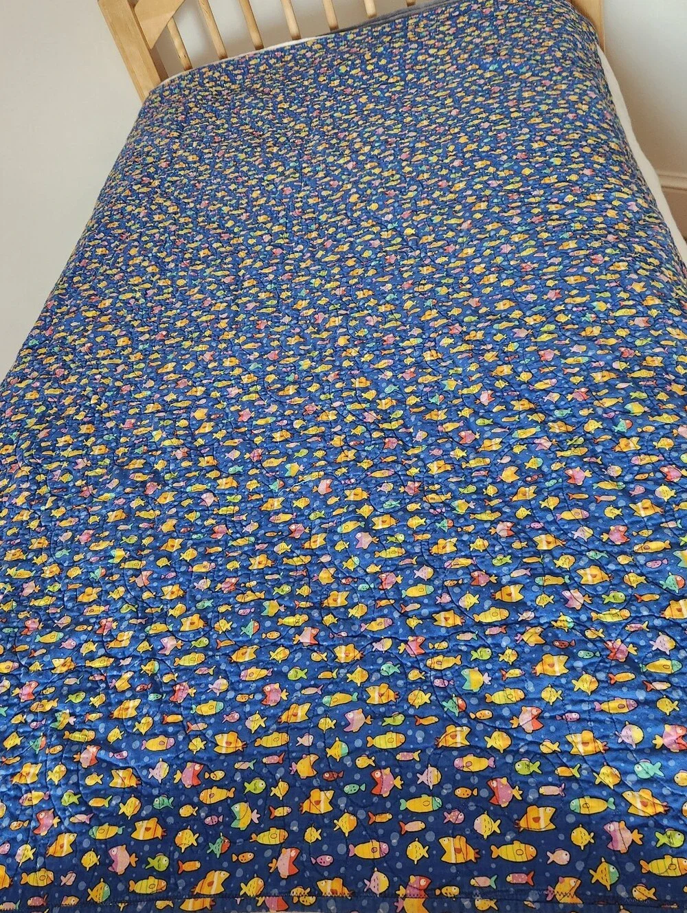 HANDMADE Patchwork Quilt Twin Yellow Kids Cotton Bedding Fish Sail Boat 40 x 70